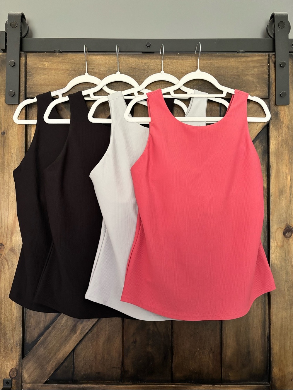 Classic Sleeveless Shell Top in Coral, Black, and Light Gray